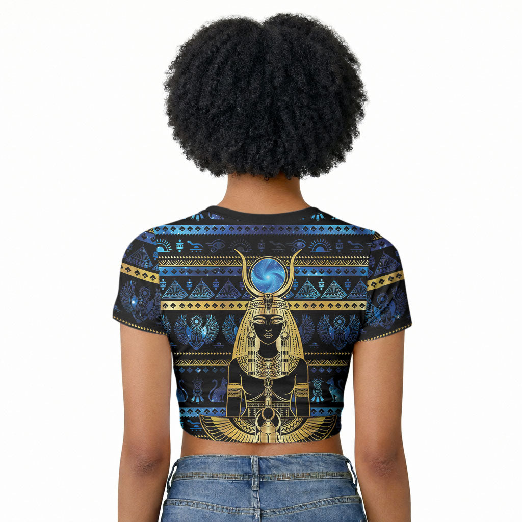 Egyptian Goddess Hathor Raglan Cropped T shirt Galaxy Ancient Mythology Sun Disk Cow Horn