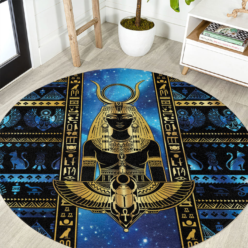 Egyptian Goddess Hathor Round Carpet Galaxy Ancient Mythology Sun Disk Cow Horn