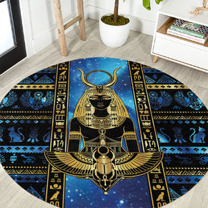 Egyptian Goddess Hathor Round Carpet Galaxy Ancient Mythology Sun Disk Cow Horn
