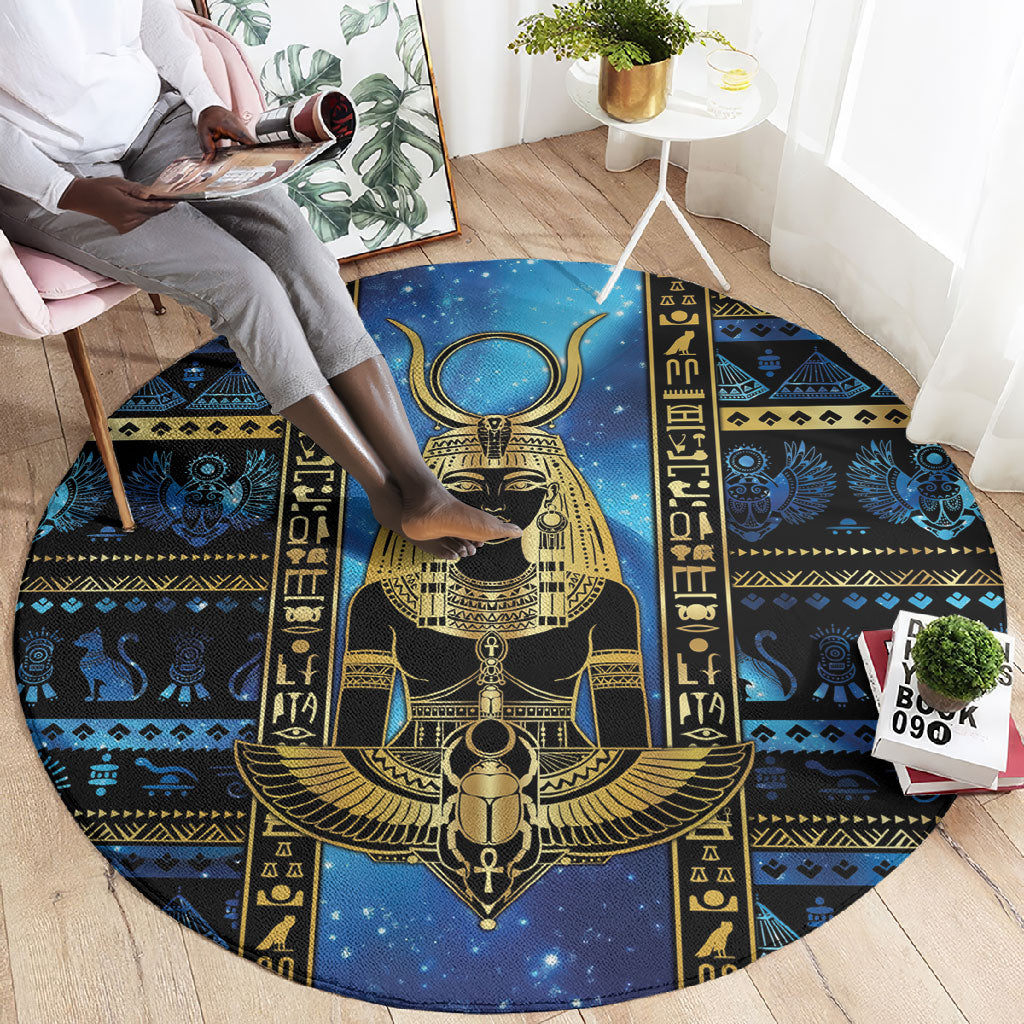 Egyptian Goddess Hathor Round Carpet Galaxy Ancient Mythology Sun Disk Cow Horn