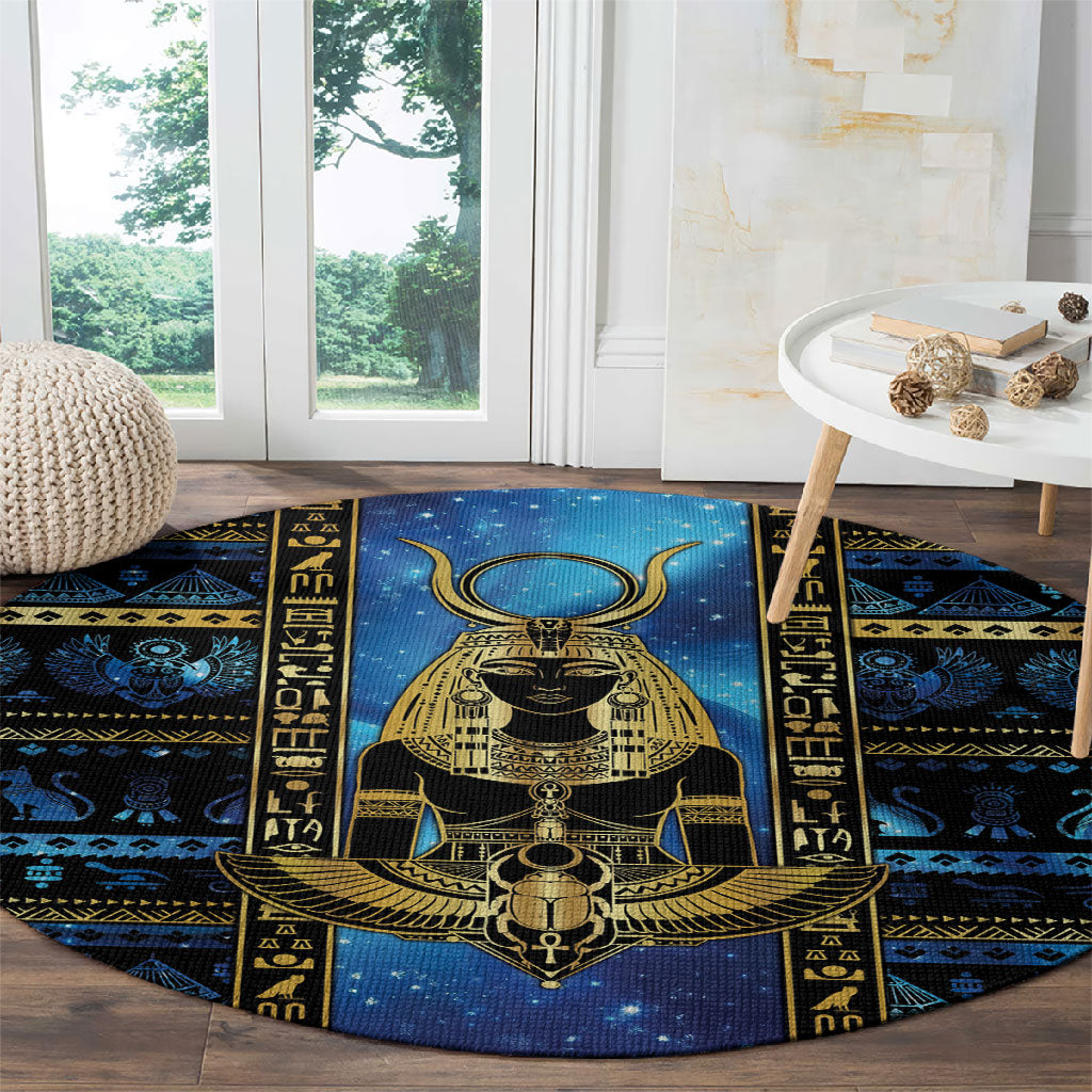 Egyptian Goddess Hathor Round Carpet Galaxy Ancient Mythology Sun Disk Cow Horn
