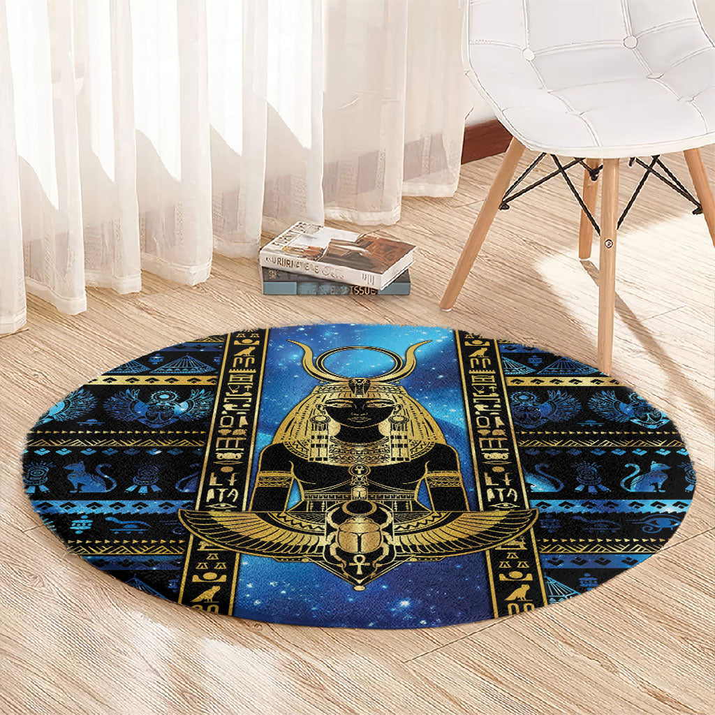 Egyptian Goddess Hathor Round Carpet Galaxy Ancient Mythology Sun Disk Cow Horn