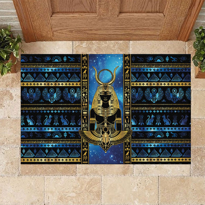Egyptian Goddess Hathor Rubber Doormat Galaxy Ancient Mythology Sun Disk Cow Horn