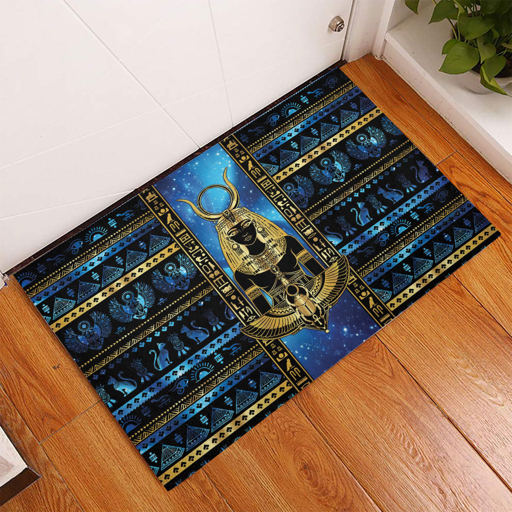 Egyptian Goddess Hathor Rubber Doormat Galaxy Ancient Mythology Sun Disk Cow Horn