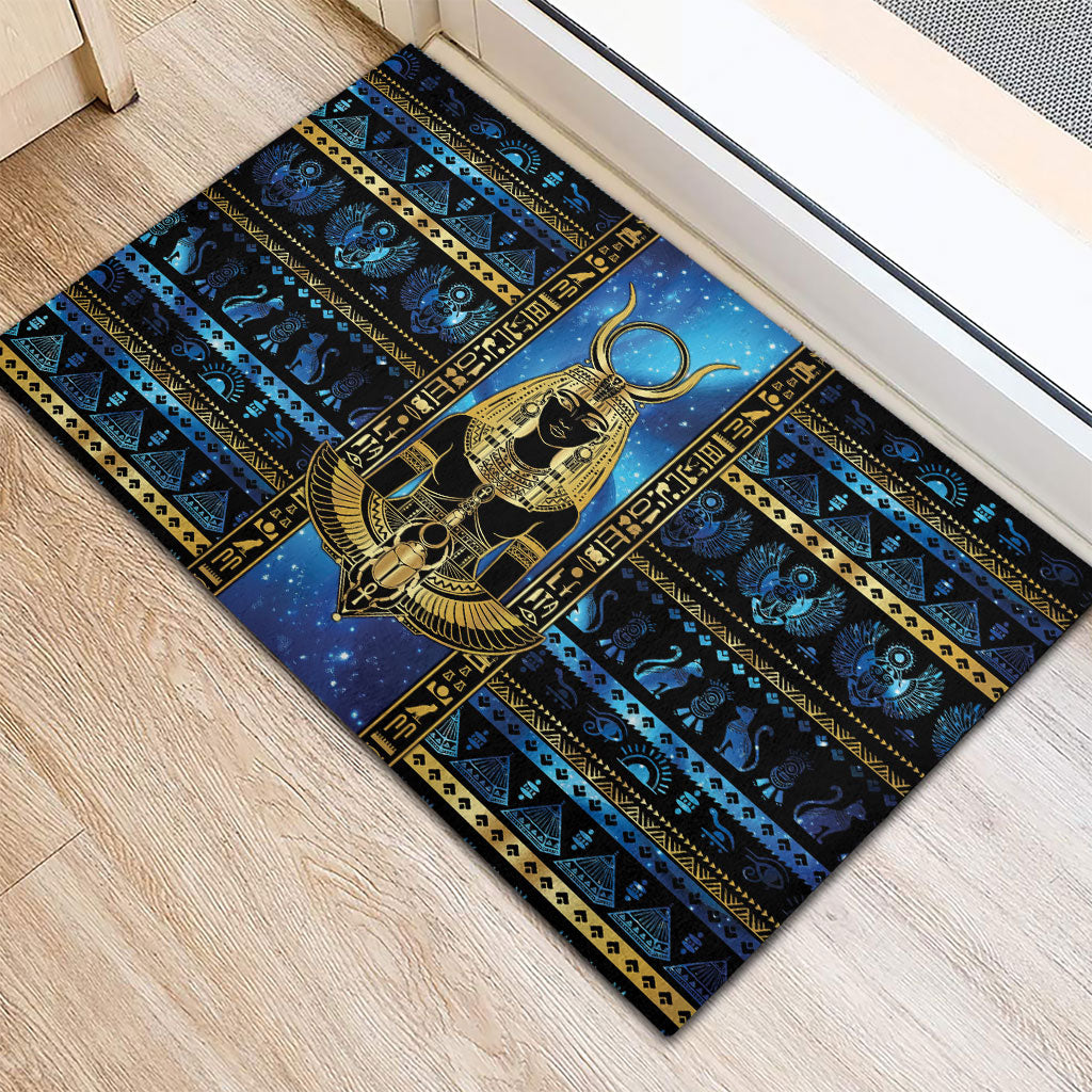 Egyptian Goddess Hathor Rubber Doormat Galaxy Ancient Mythology Sun Disk Cow Horn