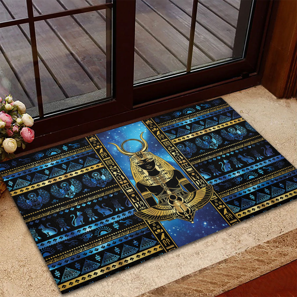 Egyptian Goddess Hathor Rubber Doormat Galaxy Ancient Mythology Sun Disk Cow Horn