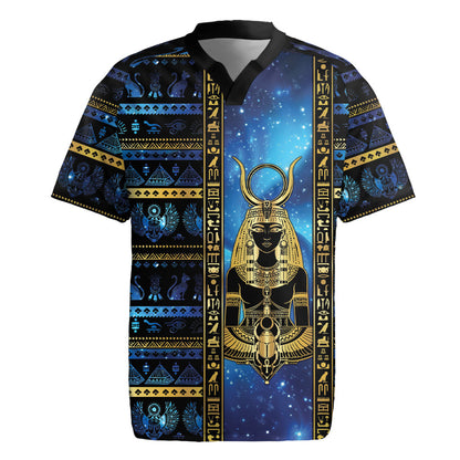 Egyptian Goddess Hathor Rugby Jersey Galaxy Ancient Mythology Sun Disk Cow Horn