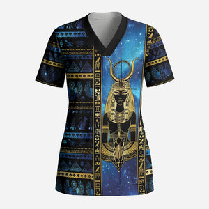 Egyptian Goddess Hathor Scrub Top Galaxy Ancient Mythology Sun Disk Cow Horn