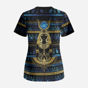 Egyptian Goddess Hathor Scrub Top Galaxy Ancient Mythology Sun Disk Cow Horn