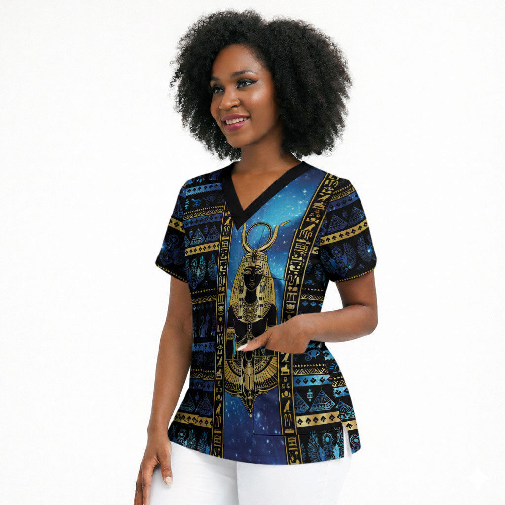 Egyptian Goddess Hathor Scrub Top Galaxy Ancient Mythology Sun Disk Cow Horn