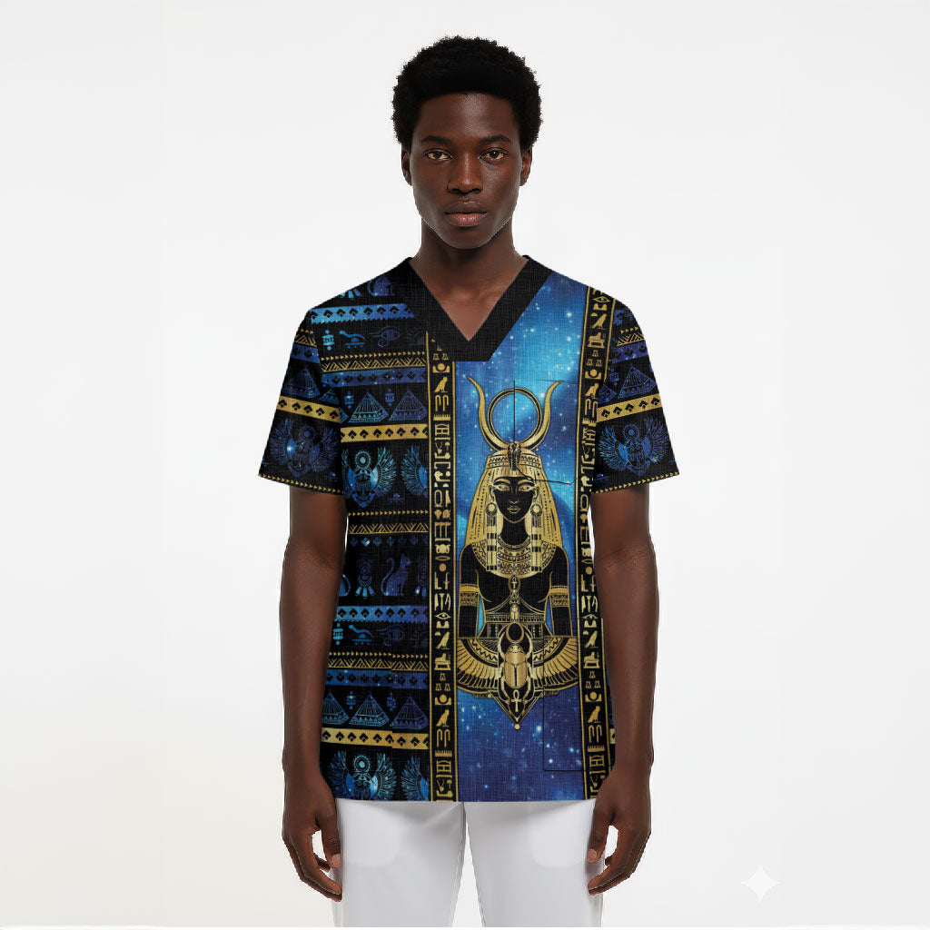 Egyptian Goddess Hathor Scrub Top Galaxy Ancient Mythology Sun Disk Cow Horn