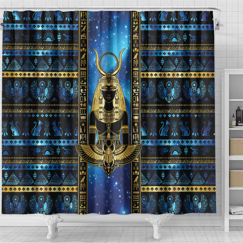 Egyptian Goddess Hathor Shower Curtain Galaxy Ancient Mythology Sun Disk Cow Horn