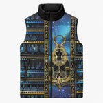 Egyptian Goddess Hathor Sleeveless Puffer Jacket Galaxy Ancient Mythology Sun Disk Cow Horn