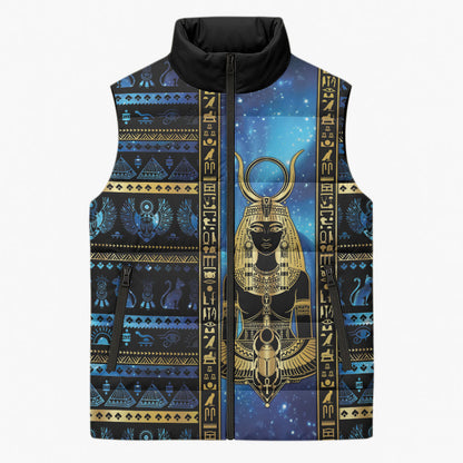 Egyptian Goddess Hathor Sleeveless Puffer Jacket Galaxy Ancient Mythology Sun Disk Cow Horn