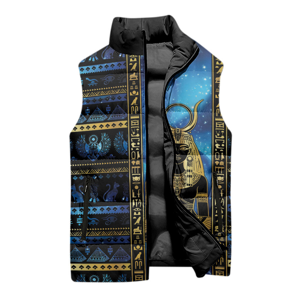 Egyptian Goddess Hathor Sleeveless Puffer Jacket Galaxy Ancient Mythology Sun Disk Cow Horn