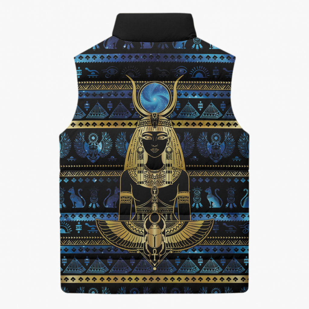 Egyptian Goddess Hathor Sleeveless Puffer Jacket Galaxy Ancient Mythology Sun Disk Cow Horn