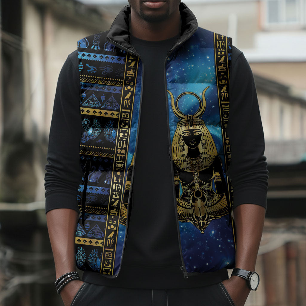 Egyptian Goddess Hathor Sleeveless Puffer Jacket Galaxy Ancient Mythology Sun Disk Cow Horn