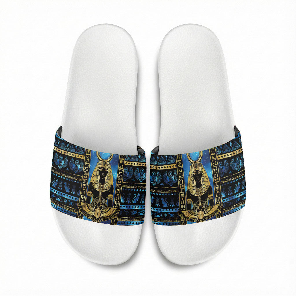Egyptian Goddess Hathor Slide Sandals Galaxy Ancient Mythology Sun Disk Cow Horn