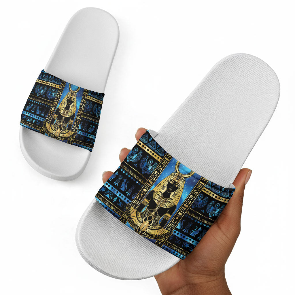 Egyptian Goddess Hathor Slide Sandals Galaxy Ancient Mythology Sun Disk Cow Horn