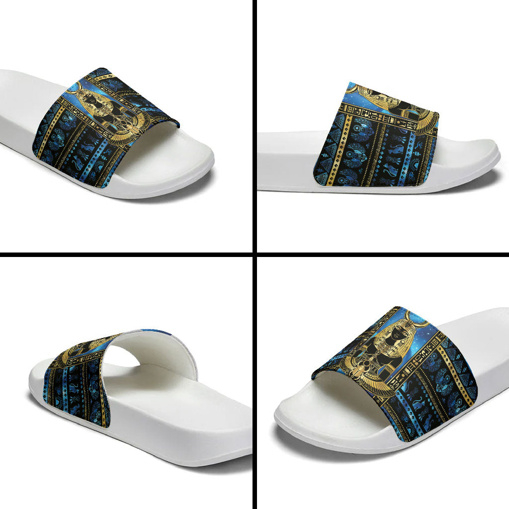 Egyptian Goddess Hathor Slide Sandals Galaxy Ancient Mythology Sun Disk Cow Horn