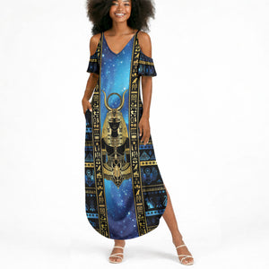 Egyptian Goddess Hathor Summer Maxi Dress Galaxy Ancient Mythology Sun Disk Cow Horn