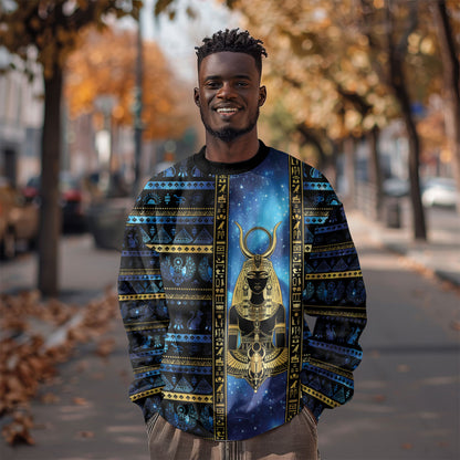 Egyptian Goddess Hathor Sweatshirt Galaxy Ancient Mythology Sun Disk Cow Horn