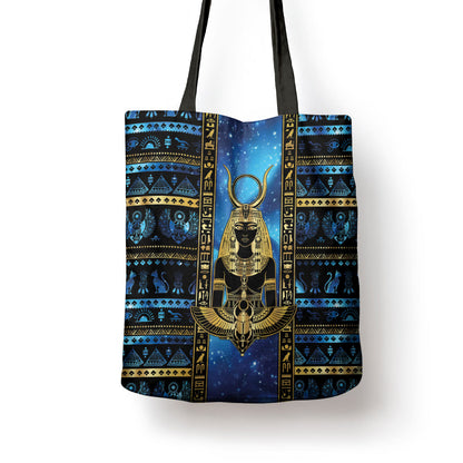 Egyptian Goddess Hathor Tote Bag Galaxy Ancient Mythology Sun Disk Cow Horn