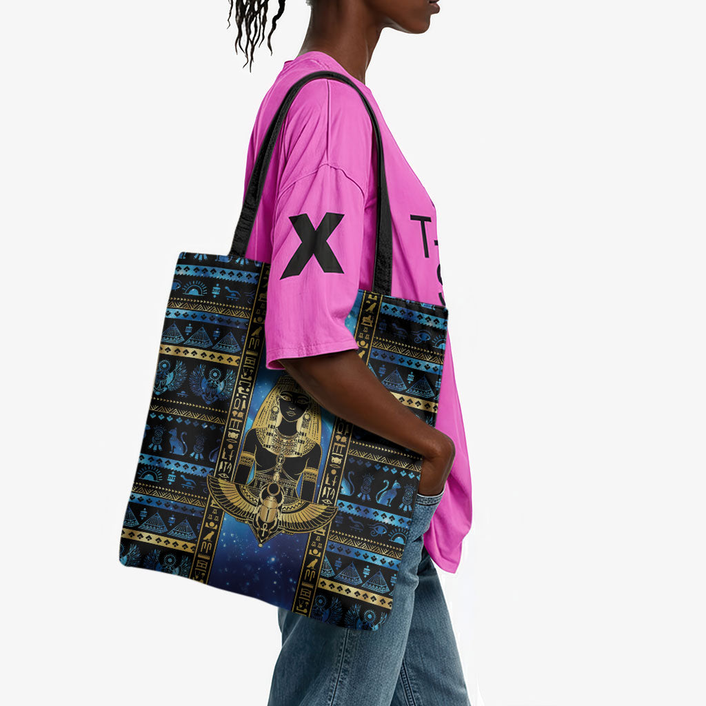 Egyptian Goddess Hathor Tote Bag Galaxy Ancient Mythology Sun Disk Cow Horn