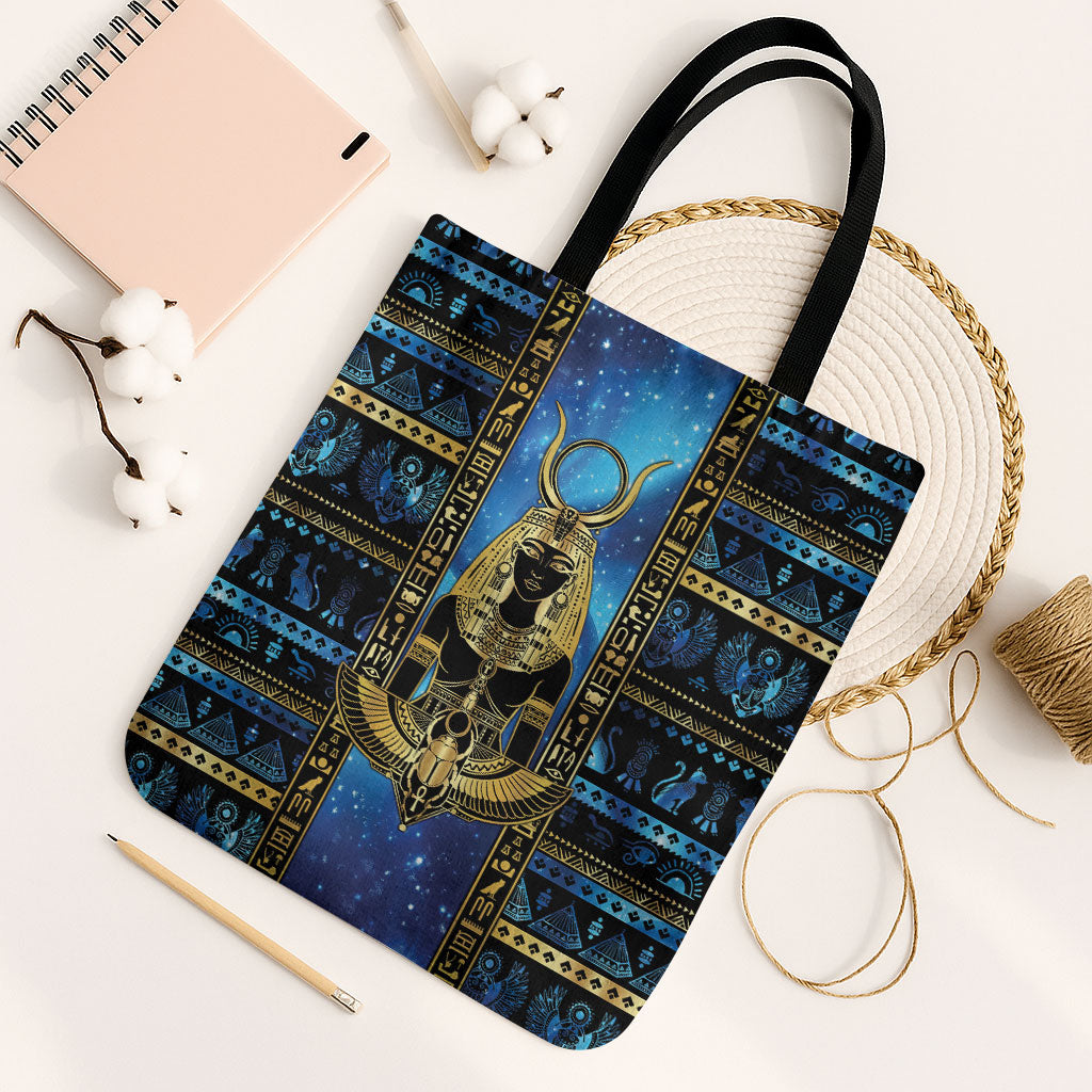 Egyptian Goddess Hathor Tote Bag Galaxy Ancient Mythology Sun Disk Cow Horn