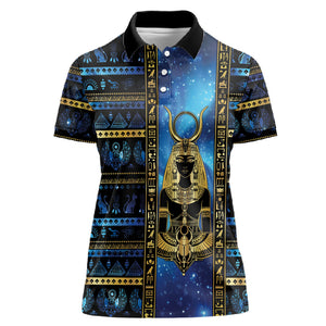 Egyptian Goddess Hathor Women Polo Shirt Galaxy Ancient Mythology Sun Disk Cow Horn