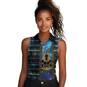 Egyptian Goddess Hathor Women Sleeveless Polo Shirt Galaxy Ancient Mythology Sun Disk Cow Horn