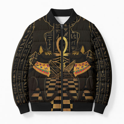 Egyptian Goddess Bastet Bomber Puffer Jacket Ancient Mythology Sacred Black Cat