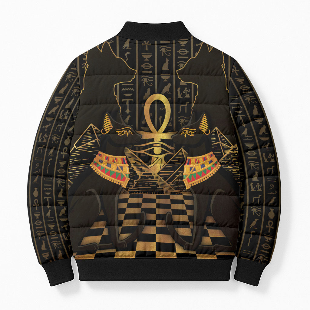 Egyptian Goddess Bastet Bomber Puffer Jacket Ancient Mythology Sacred Black Cat