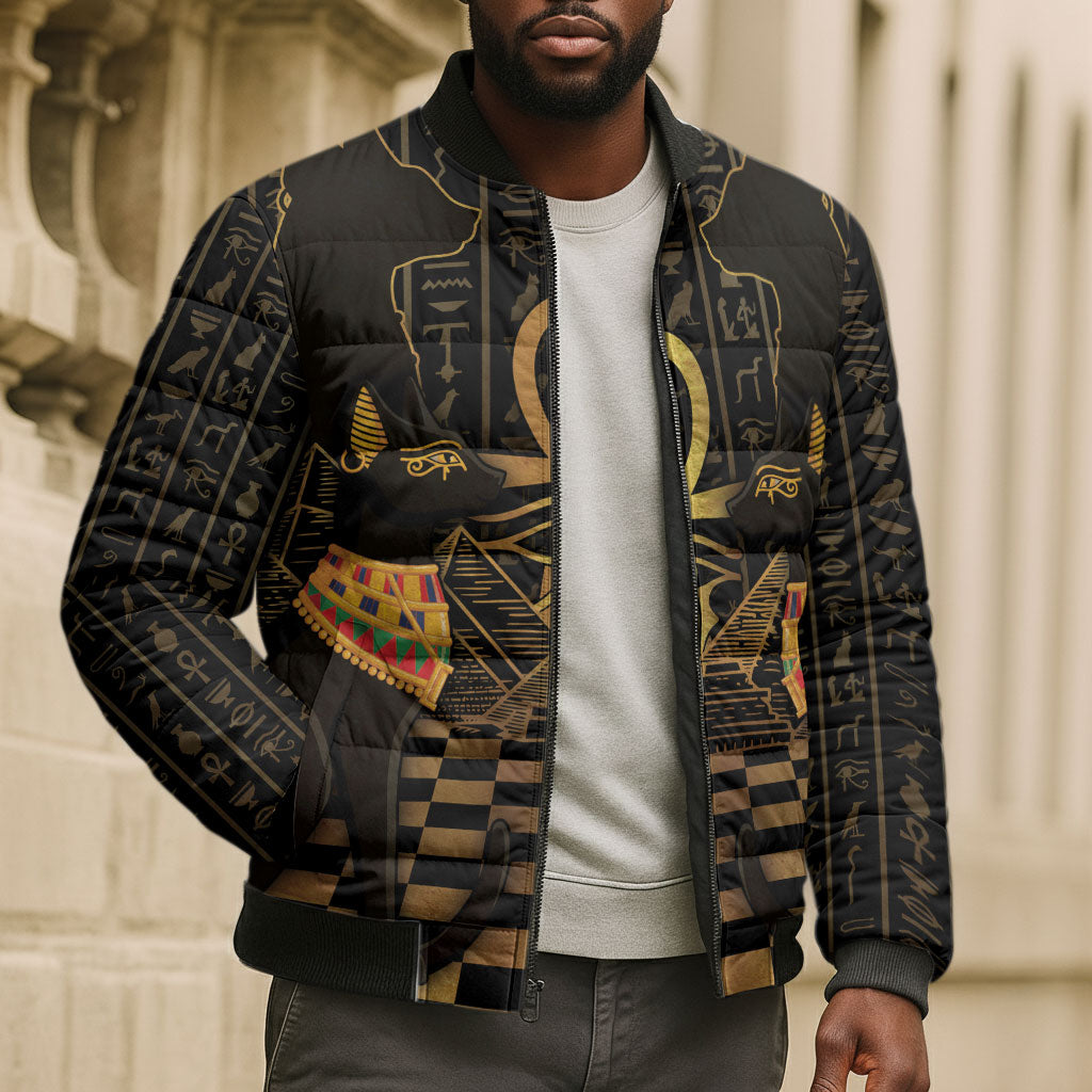 Egyptian Goddess Bastet Bomber Puffer Jacket Ancient Mythology Sacred Black Cat
