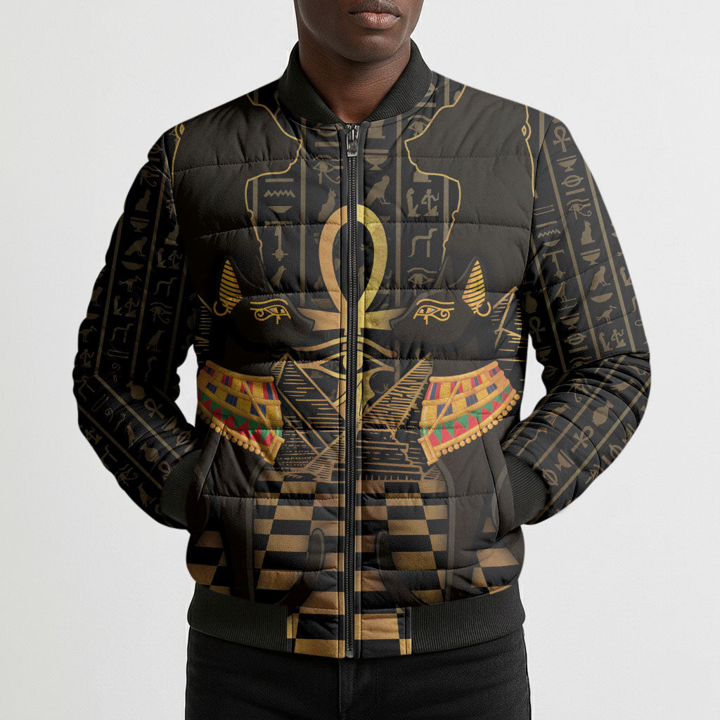 Egyptian Goddess Bastet Bomber Puffer Jacket Ancient Mythology Sacred Black Cat