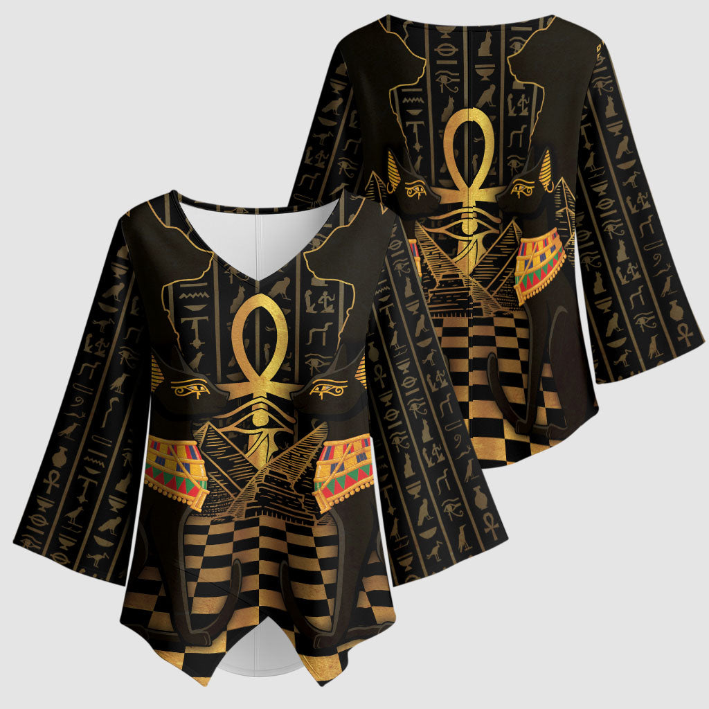Egyptian Goddess Bastet Kimono Sleeve Blouse Ancient Mythology Sacred Black Cat