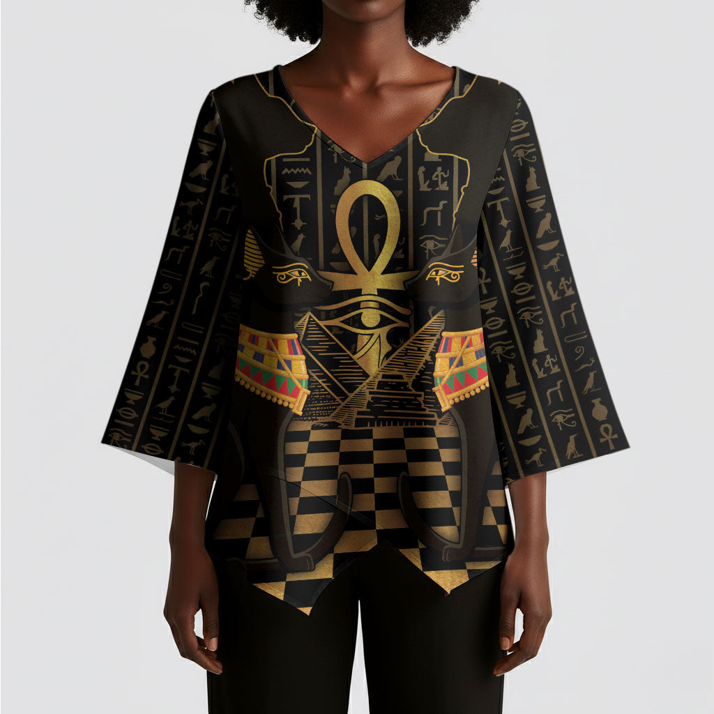 Egyptian Goddess Bastet Kimono Sleeve Blouse Ancient Mythology Sacred Black Cat