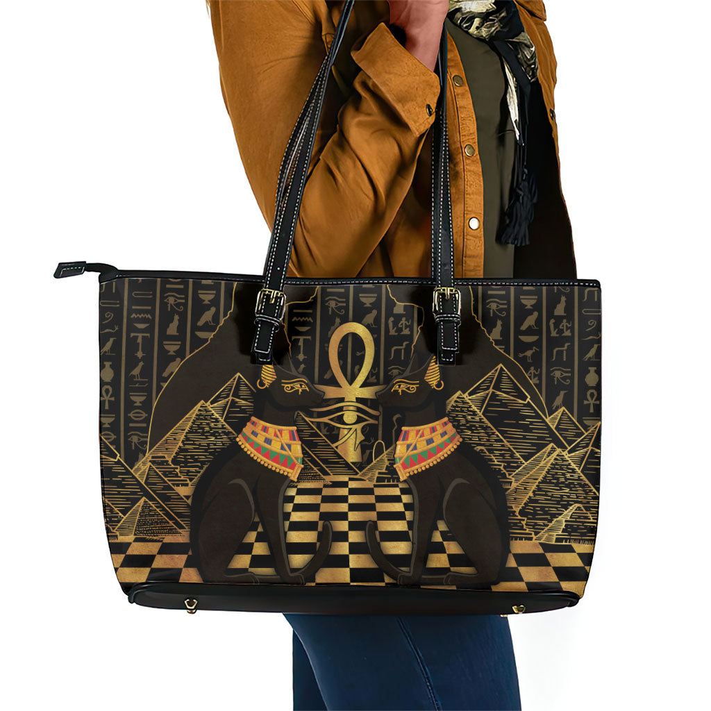 Egyptian Goddess Bastet Leather Tote Bag Ancient Mythology Sacred Black Cat