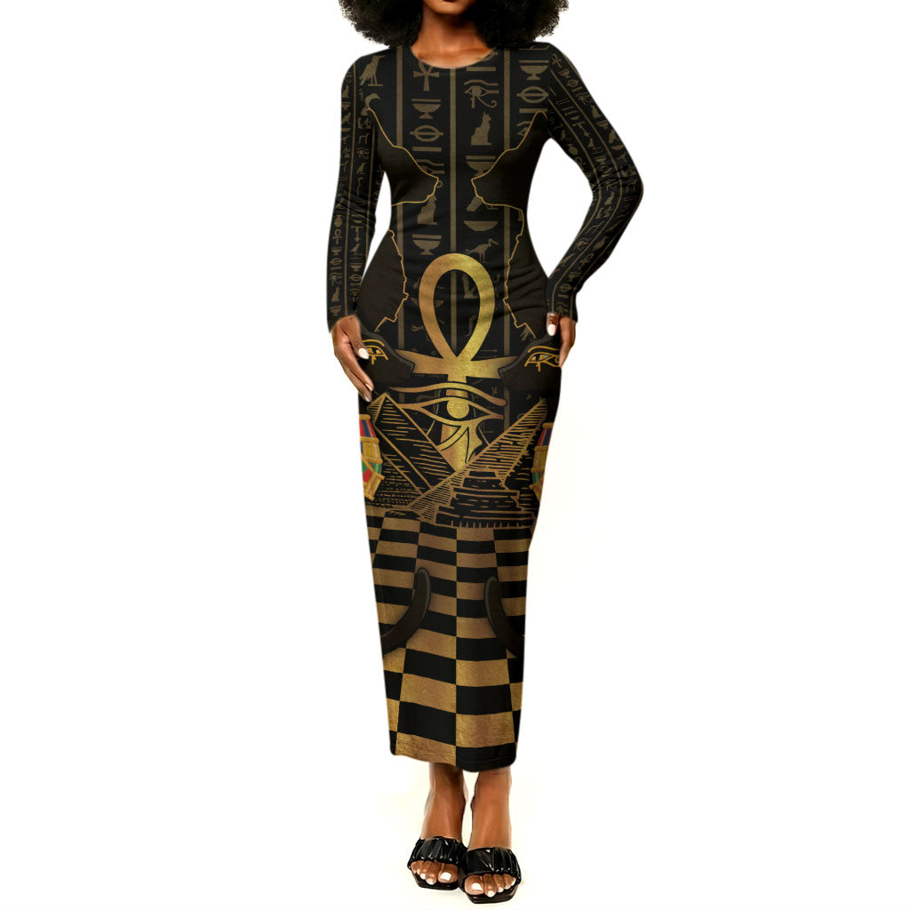Egyptian Goddess Bastet Long Sleeve Bodycon Dress Ancient Mythology Sacred Black Cat