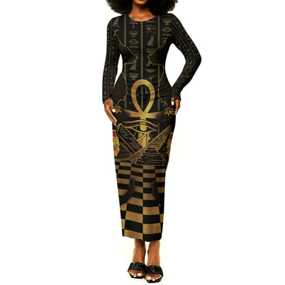 Egyptian Goddess Bastet Long Sleeve Bodycon Dress Ancient Mythology Sacred Black Cat