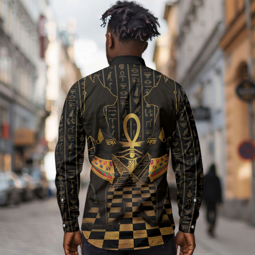 Egyptian Goddess Bastet Long Sleeve Button Shirt Ancient Mythology Sacred Black Cat