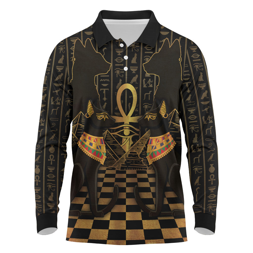 Egyptian Goddess Bastet Long Sleeve Polo Shirt Ancient Mythology Sacred Black Cat