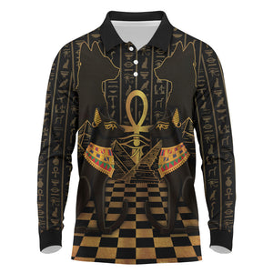 Egyptian Goddess Bastet Long Sleeve Polo Shirt Ancient Mythology Sacred Black Cat