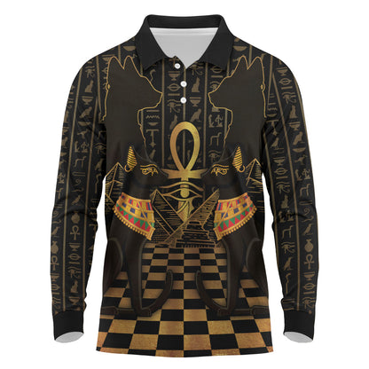Egyptian Goddess Bastet Long Sleeve Polo Shirt Ancient Mythology Sacred Black Cat
