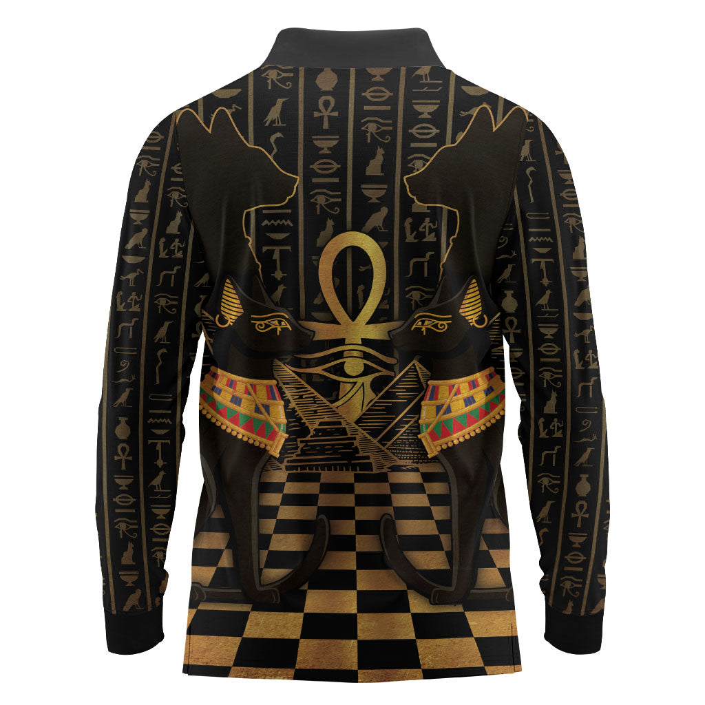 Egyptian Goddess Bastet Long Sleeve Polo Shirt Ancient Mythology Sacred Black Cat