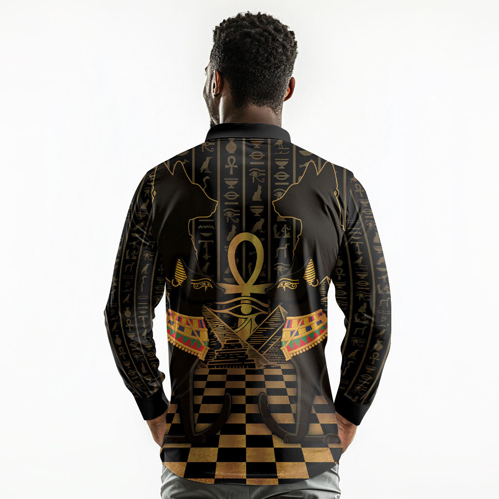 Egyptian Goddess Bastet Long Sleeve Polo Shirt Ancient Mythology Sacred Black Cat