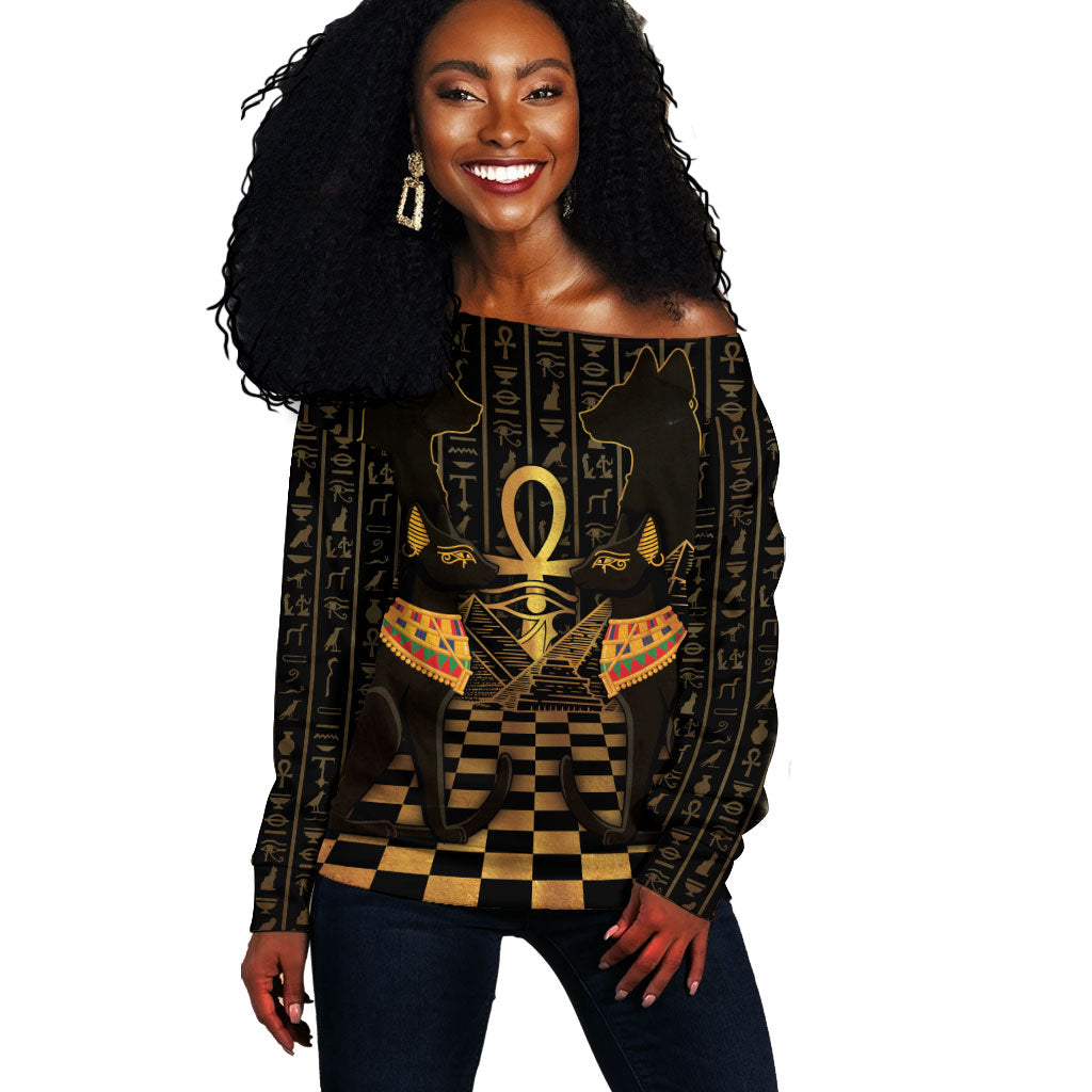 Egyptian Goddess Bastet Off Shoulder Sweater Ancient Mythology Sacred Black Cat