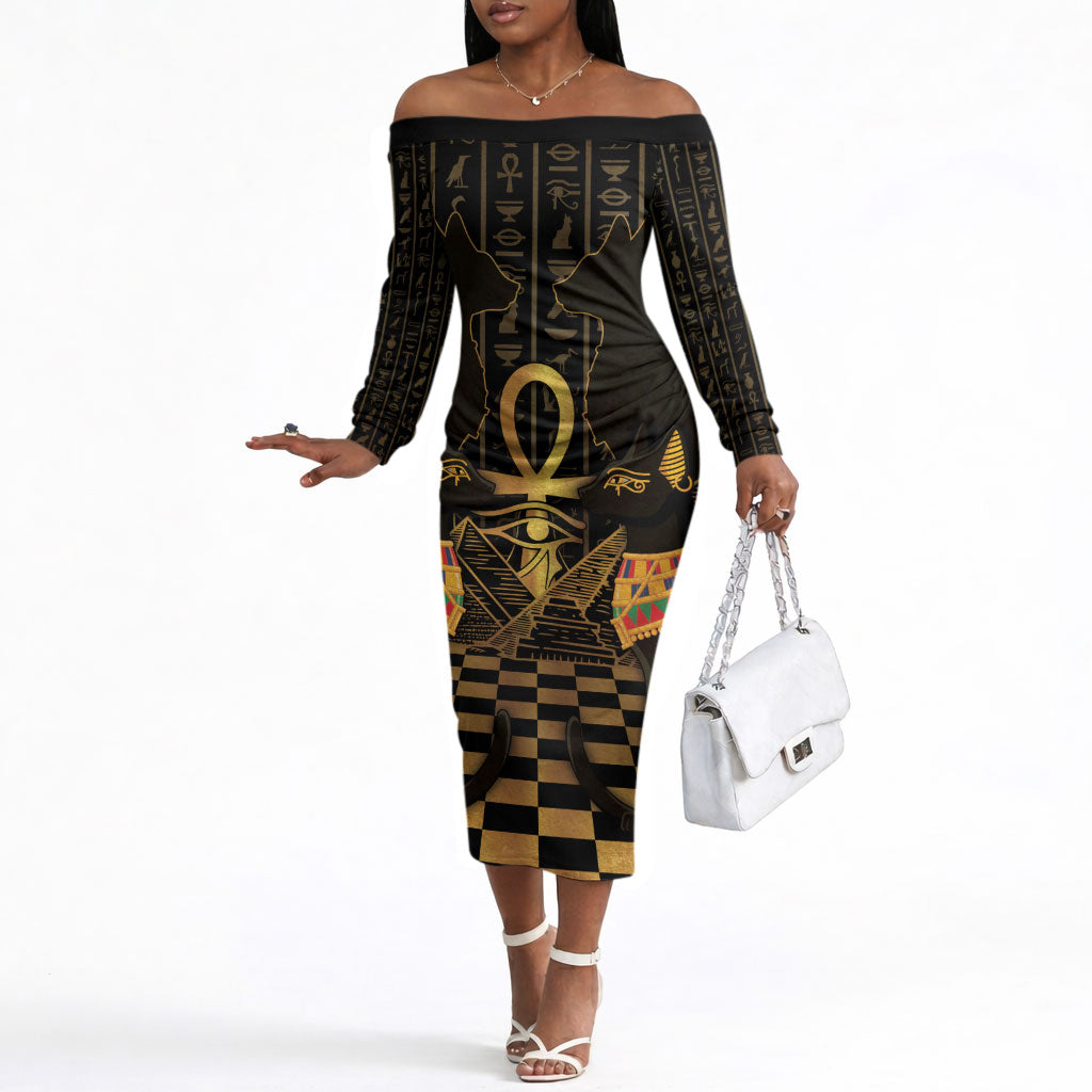 Egyptian Goddess Bastet Off The Shoulder Long Sleeve Dress Ancient Mythology Sacred Black Cat