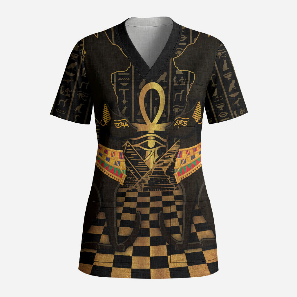 Egyptian Goddess Bastet Scrub Top Ancient Mythology Sacred Black Cat