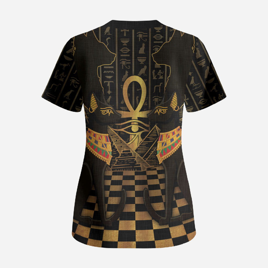 Egyptian Goddess Bastet Scrub Top Ancient Mythology Sacred Black Cat